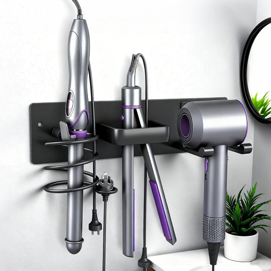 Dovyn Blow Dryer Holder Wall Mount, 3 in 1 Bathroom Hair Tool Organizer with Curling Iron Holder & Flat Iron Holder, Universal Hair Dryer Holder Rack Storage Matte Black