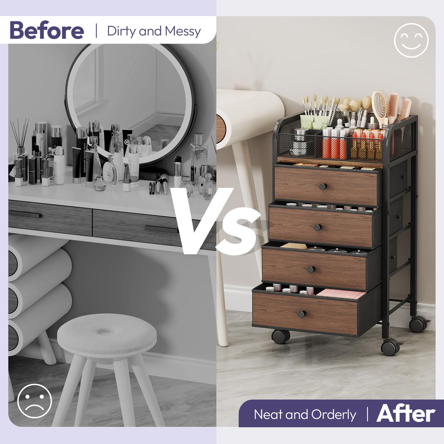 SWTYMIKI Rolling Makeup Organizer Cart - 14.96″*11.81″*27.55″ Widened Under Desk Vanity Storage with 4 Non-woven Drawers, Cosmetic Display Cases for Skin Care Perfume Nail Polish Brush Hair Tool Black