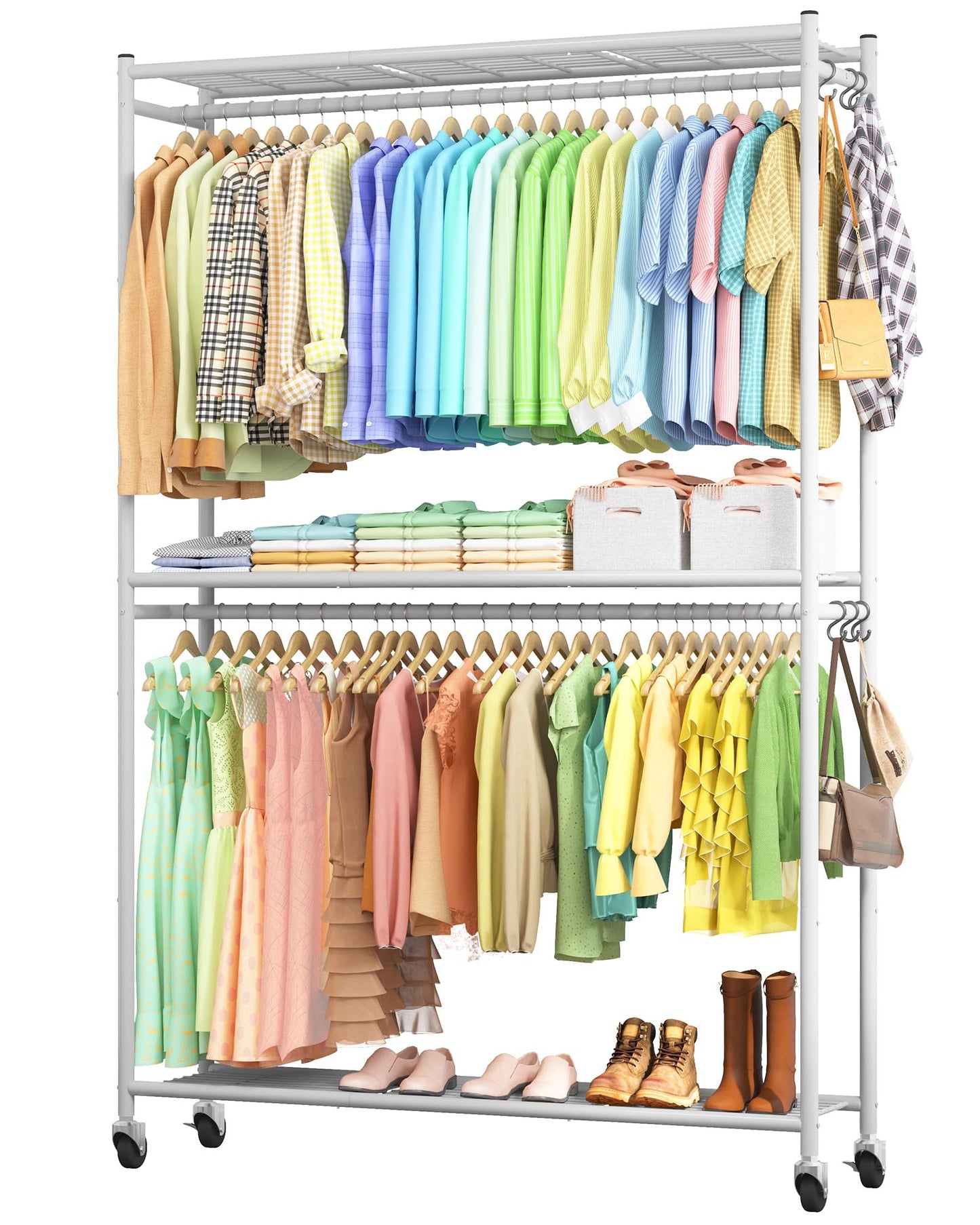 Sakugi Clothes Rack - 45.2" x 12.2" x 79.5" Clothing Rack with Shelves & Wheels, Multi-Functional Wardrobe Closet with Hooks, Sturdy Metal Garment Rack for Bedroom, Laundry, Balcony (White)