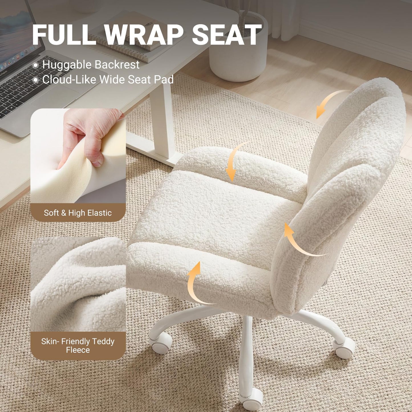 KRAMZMING Vanity Chair with Wheels, Armless Office Chair Height Adjustable, Cute Desk Chair with Soft Lumbar Support for Small Space, Bedroom, Make-up Room, White