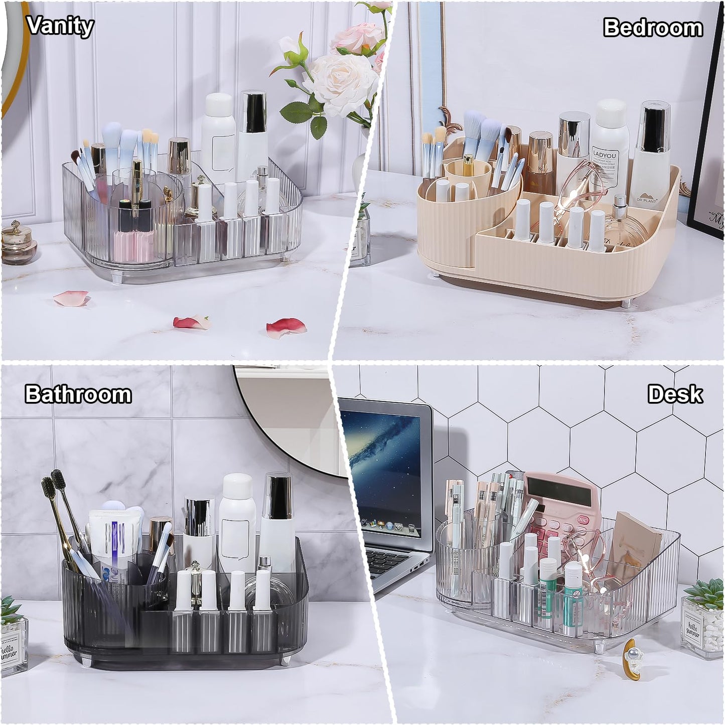 DASITON Large Capacity Makeup Organizer with 360° Rotating Makeup Brush Holder, Multi-Compartment Skincare and Cosmetic Storage for Vanity, Bathroom Countertop, Dresser, Desktop Storage Box (Gray)