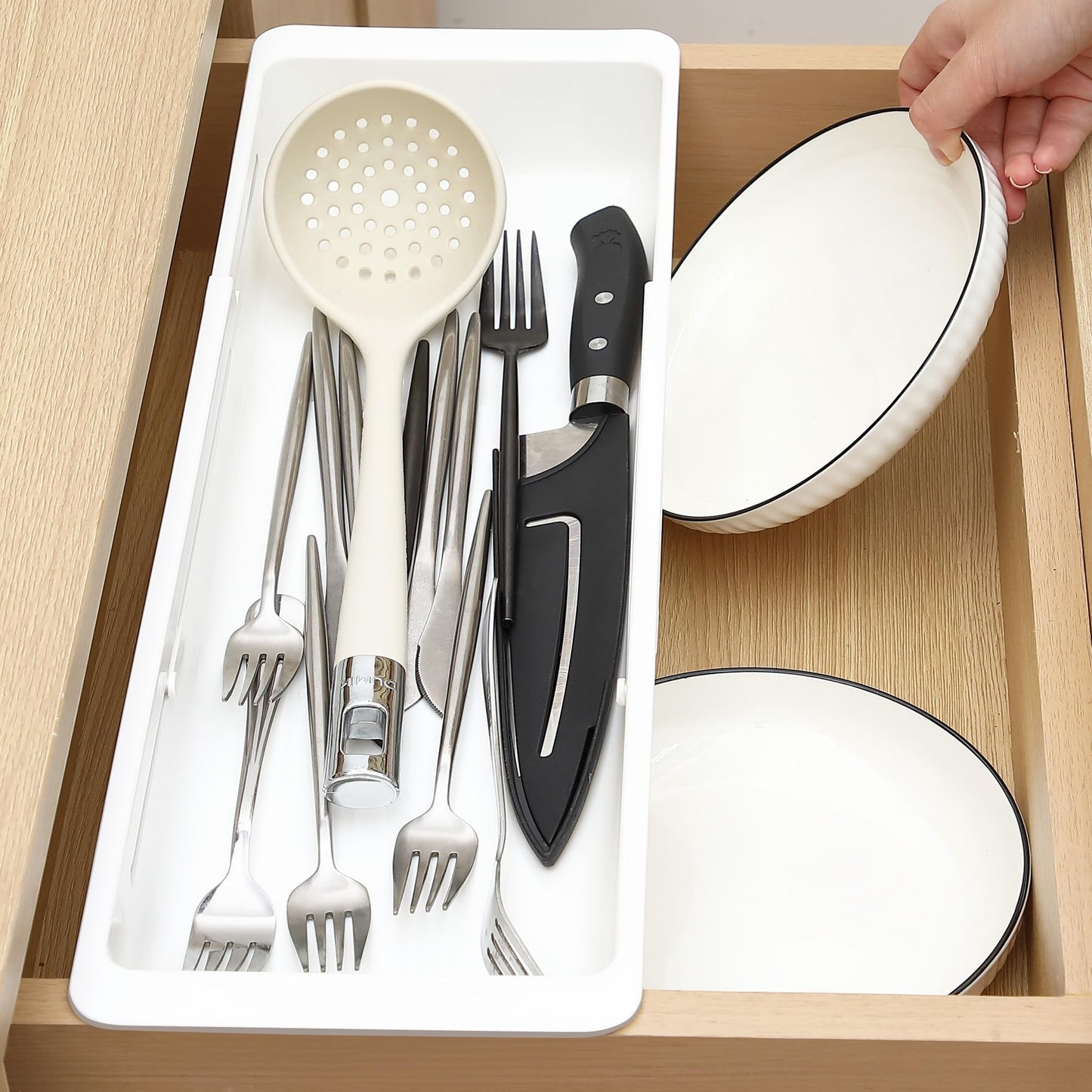 Gulfmew 2 Pack Deep Drawer Organizer Bins, Sliding Drawer Organizer Bin Expandable and Adjustable Tray for Kitchen Utensils, BBQ Tools, Towels, Durable Plastic Sliding for Easy Storage(17.4-27.6")