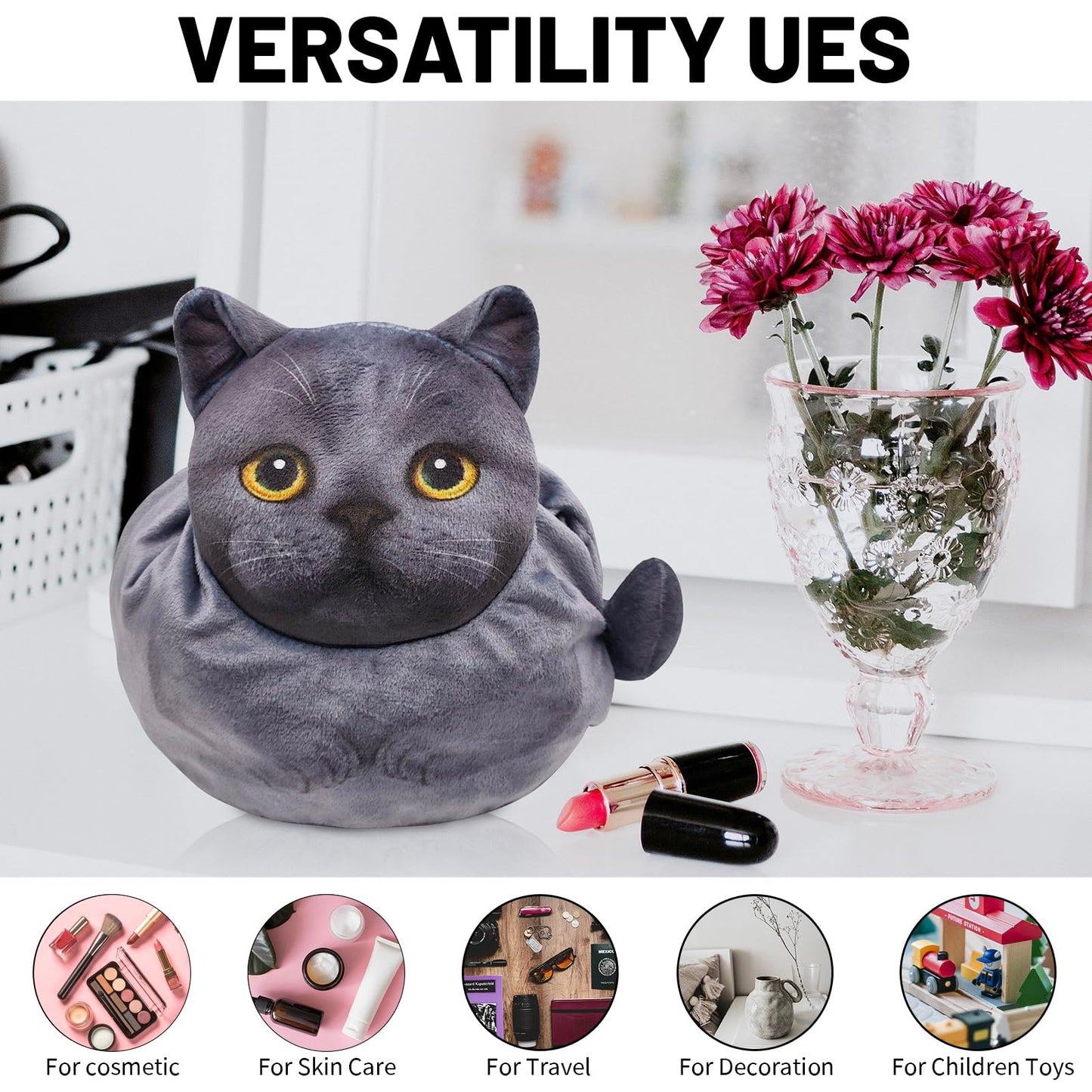 Openhahaha Drawstring Makeup Bag, Cat Makeup Bag, Travel Makeup Organizer, Cosmetic Pouch Bag, Cat Gift for Women, Lay Flat Makeup Bag Gifts for Cat Lovers(2-Pack)