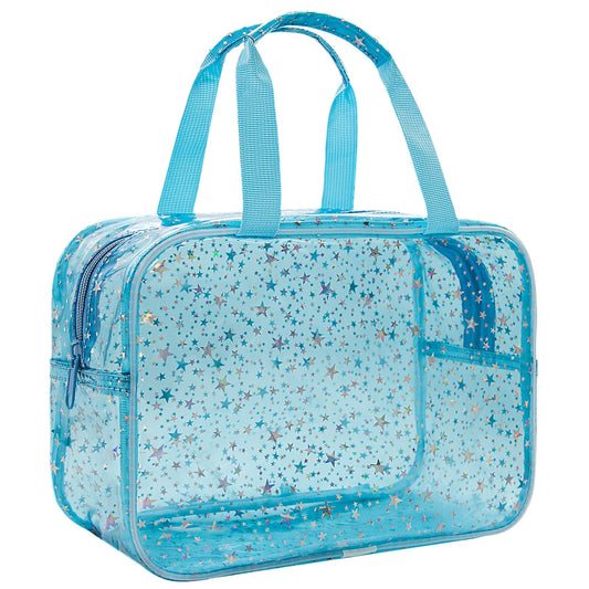 Junesters Clear Blue Star Large Makeup Bag with Star Pattern 12x5x8 inch, Travel Cosmetic Bag with Handle, Durable PVC Material Washbag Zipper Opening Design for Makeup Travel Organizer or Gym Use