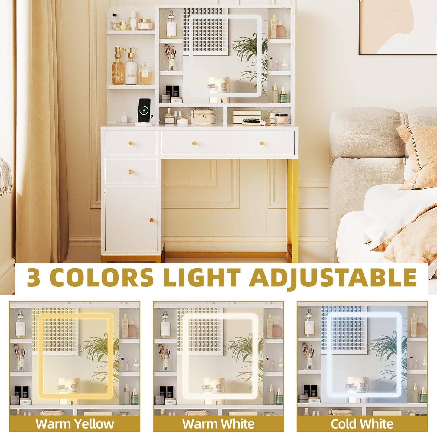 Garvee White Vanity Desk with Mirror and Lights, Glass Top Makeup Vanity White and Gold Dressing Table with Charging Station Large Vanity Desk with 3 Drawers, 3 Color Lighting Modes for Women Girl