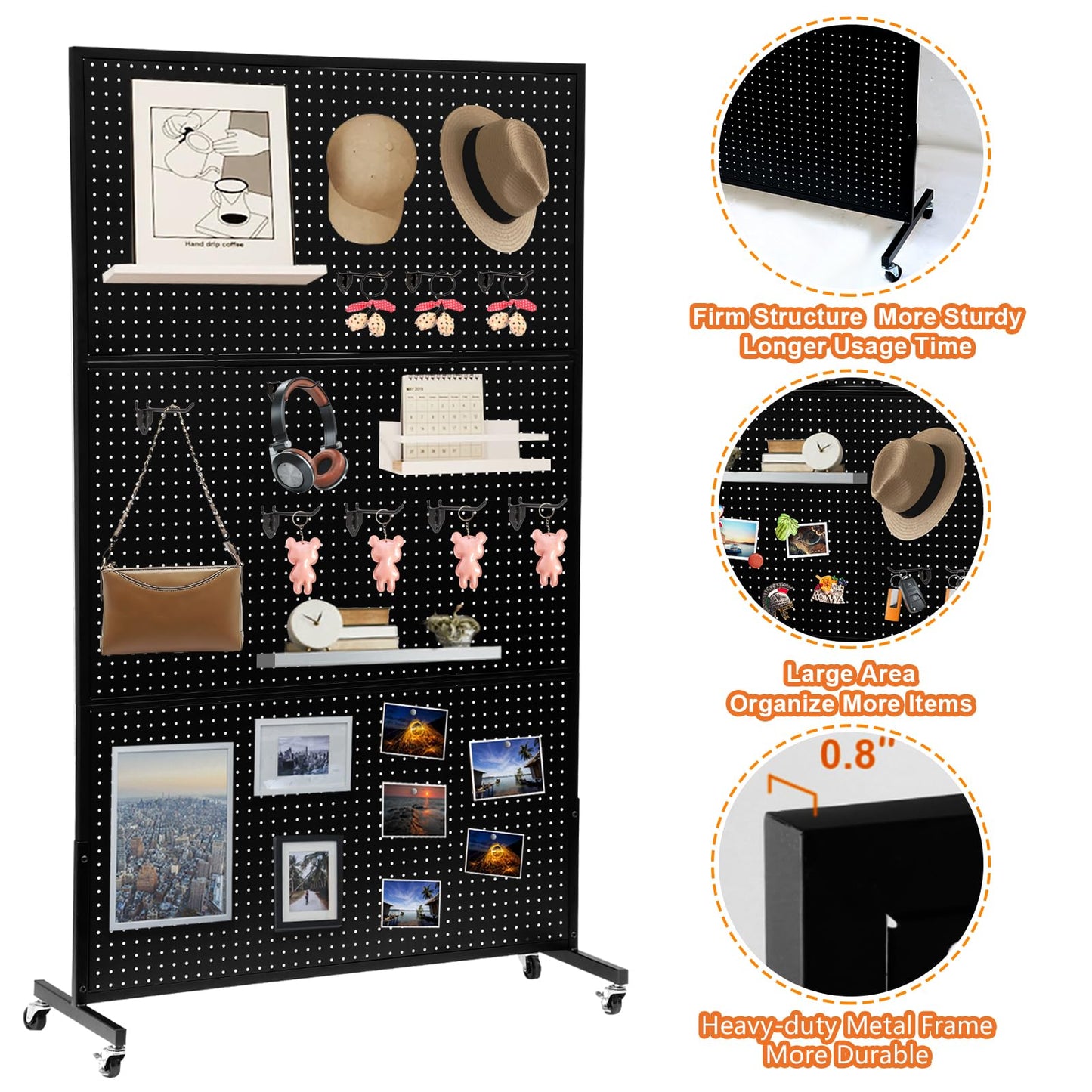 NectaCol 3.5'x 6' Metal Pegboard with T-Base, Peg Board Display Stand With Wheel, Big Standing Pegboard Display, Art Display Stand with 30 Hooks for Retail Store, Black