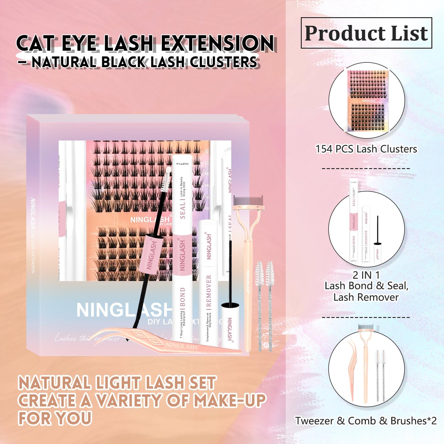 NINGLASH Royale Lash Clusters Kit Wispy DIY Eyelash Extension, 2 Styles 154pcs Individual Natural Lashes Spikes Cluster Eyelashes Lash Bond and Seal Remover Tweezer Comb Brush