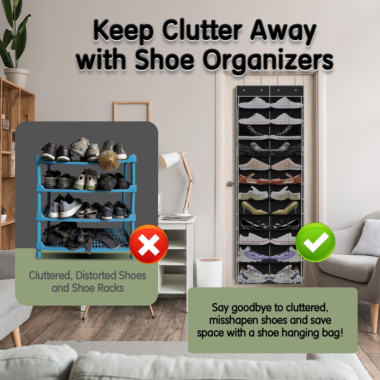 Kotkn Over The Door Shoe Organizer with 12 Large Breathable Pockets - Durable Hanging Storage for the Entire Family's Shoes (Black)