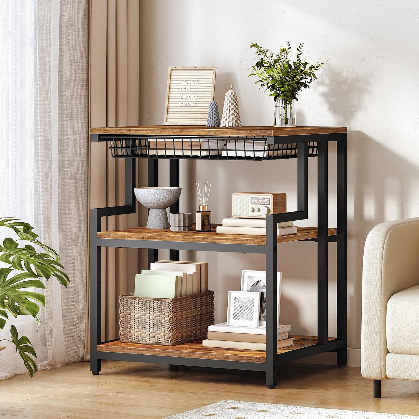 HOOBRO 23.6'' x 19.7'' Extra Large Printer Stand with Drawer, Printer Table with Adjustable Shelf, 3-Tier Printer Cart with Storage, for Heat Press Scanner Fax, Rustic Brown and Black BF10PS01