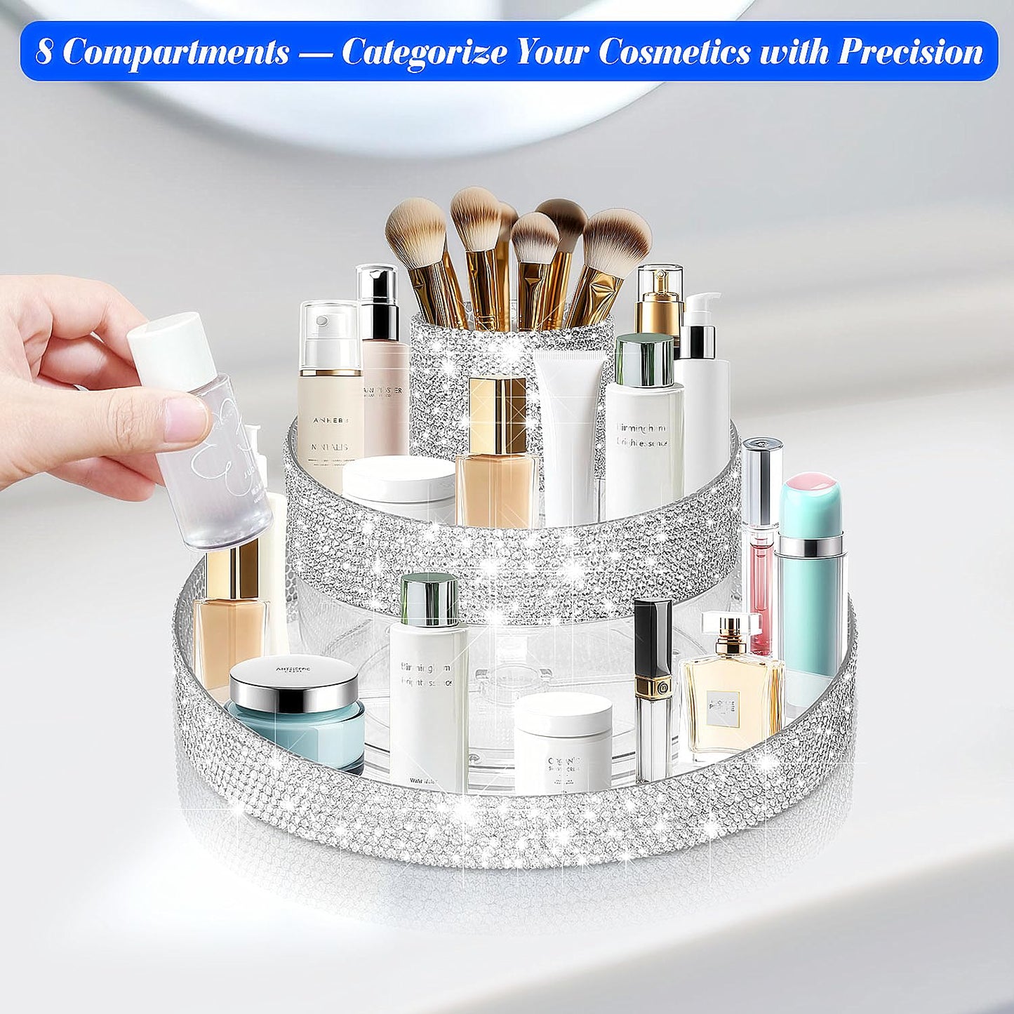 Yivaiks Bling 360 Rotating Makeup Organizer,Shiny Lazy Susan Cosmetic Storage Turntable for Skincare,Perfume & Lipstick,Glitter Round Spinning Tray with Brush Holder for Vanity,Bathroom (10"L x 10"W)
