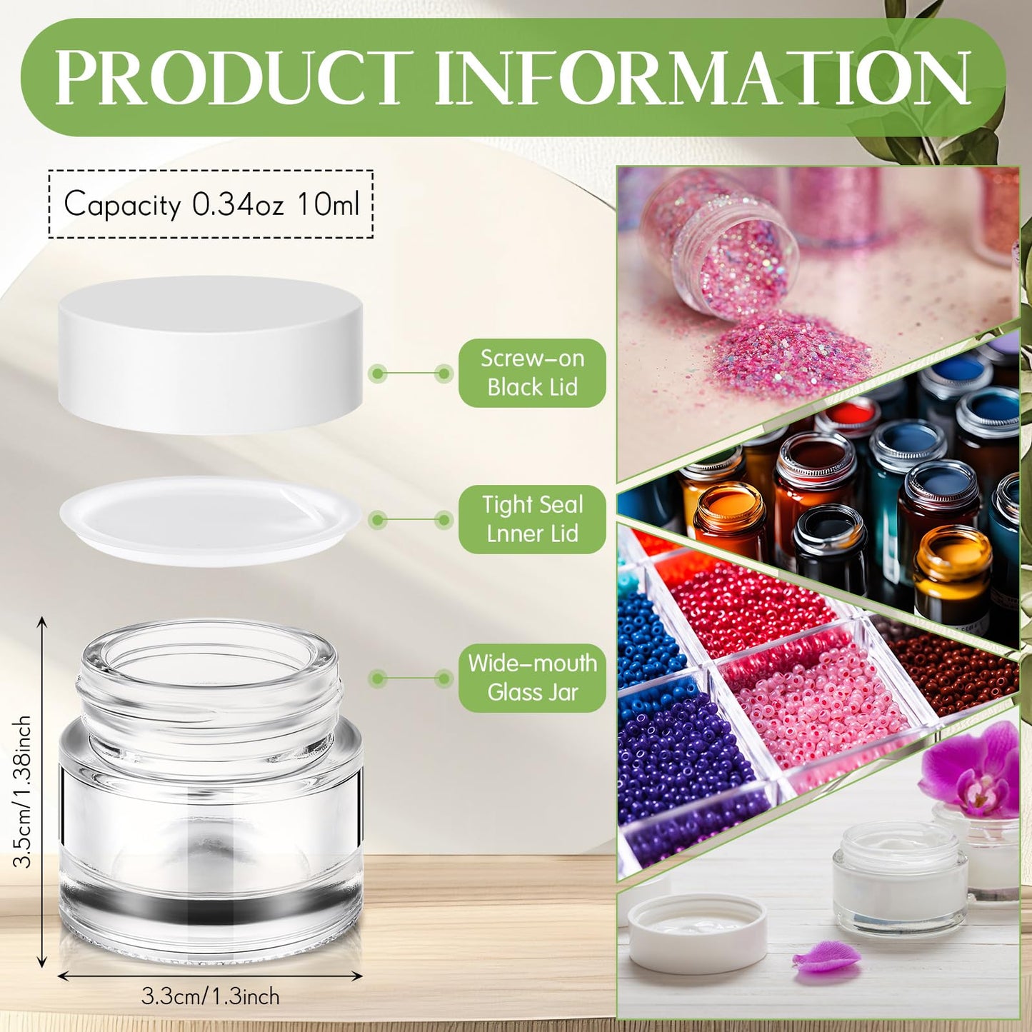 Norme 140 Pack 10 ml Glass Cosmetic Jars with Lids, Bulk Empty Refillable Sample Jars for Lip Balm, Cream, Lotion, Travel Jar for Creams, Inner Liner, Wide Mouth(White,Plastic)