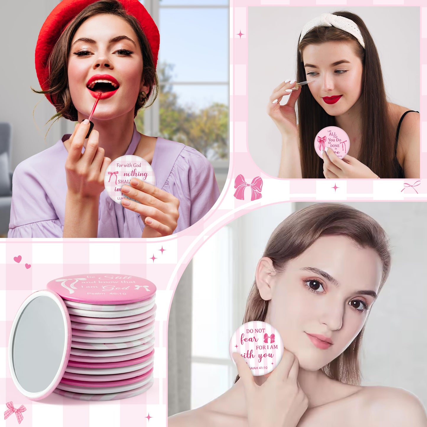 Y1tvei Bow Bible Compact Mirrors - 36Pcs Bowtie White Pink Bible Verse Mini Compact Mirrors, Bow Knot Small Portable Round Pocket Mirror Christian Inspirational Church Party Favors Gifts for Women