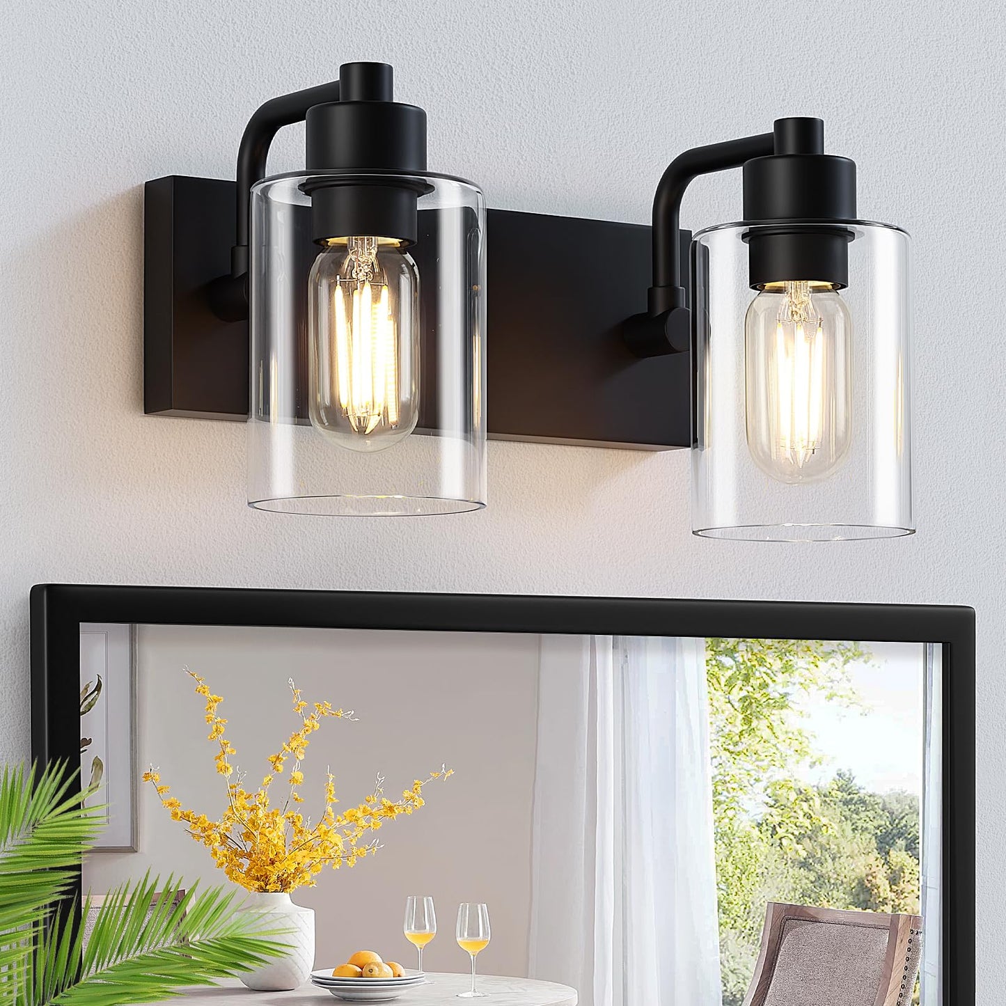 Dpyrrhic Matte Black 2-Light Bathroom Lights Over Mirror with Clear Glass Shade, Modern Bathroom Light Fixtures for Kitchen Living Room Bedroom Laundry Room
