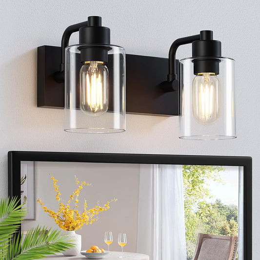 Dpyrrhic Matte Black 2-Light Bathroom Lights Over Mirror with Clear Glass Shade, Modern Bathroom Light Fixtures for Kitchen Living Room Bedroom Laundry Room