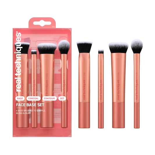 Real Techniques 4 Piece Face Base Makeup Brush Set, for Concealer, Foundation, Contour, & Setting Powder, Makeup Brushes for Blending & Buffing, & Sculpting, Travel Friendly, Gift Set, Cruelty-Free