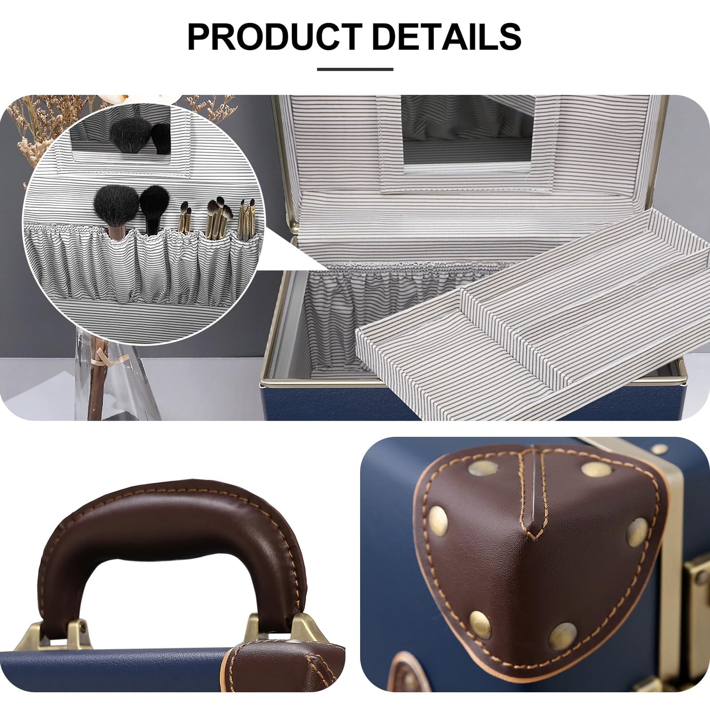 urecity Vintage Makeup Train Case, Navy Blue Artificial Leather, Professional Cosmetic Organizer with Metal Combination Lock, Retro Style Storage Box