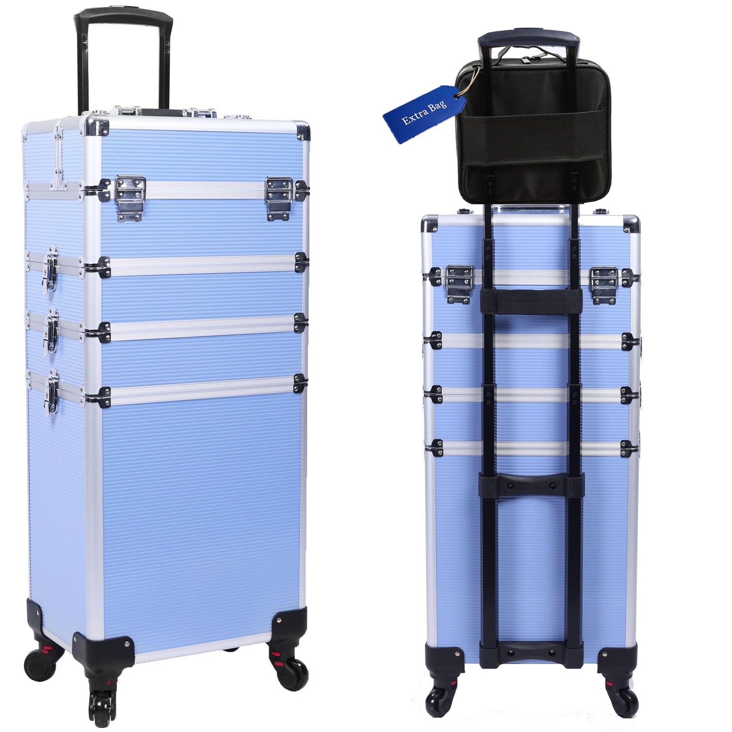 5-in-1 Rolling Makeup Train Case, Large Professional Cosmetic Trolley Organizer on Wheels with 360° Swivel Wheels, Lockable Black Aluminum Travel Case for Makeup Artists, Nail Techs & Hairstylists