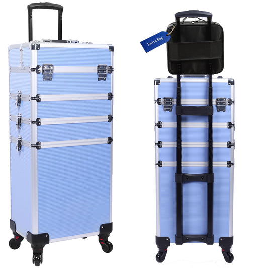 5-in-1 Rolling Makeup Train Case, Large Professional Cosmetic Trolley Organizer on Wheels with 360° Swivel Wheels, Lockable Black Aluminum Travel Case for Makeup Artists, Nail Techs & Hairstylists