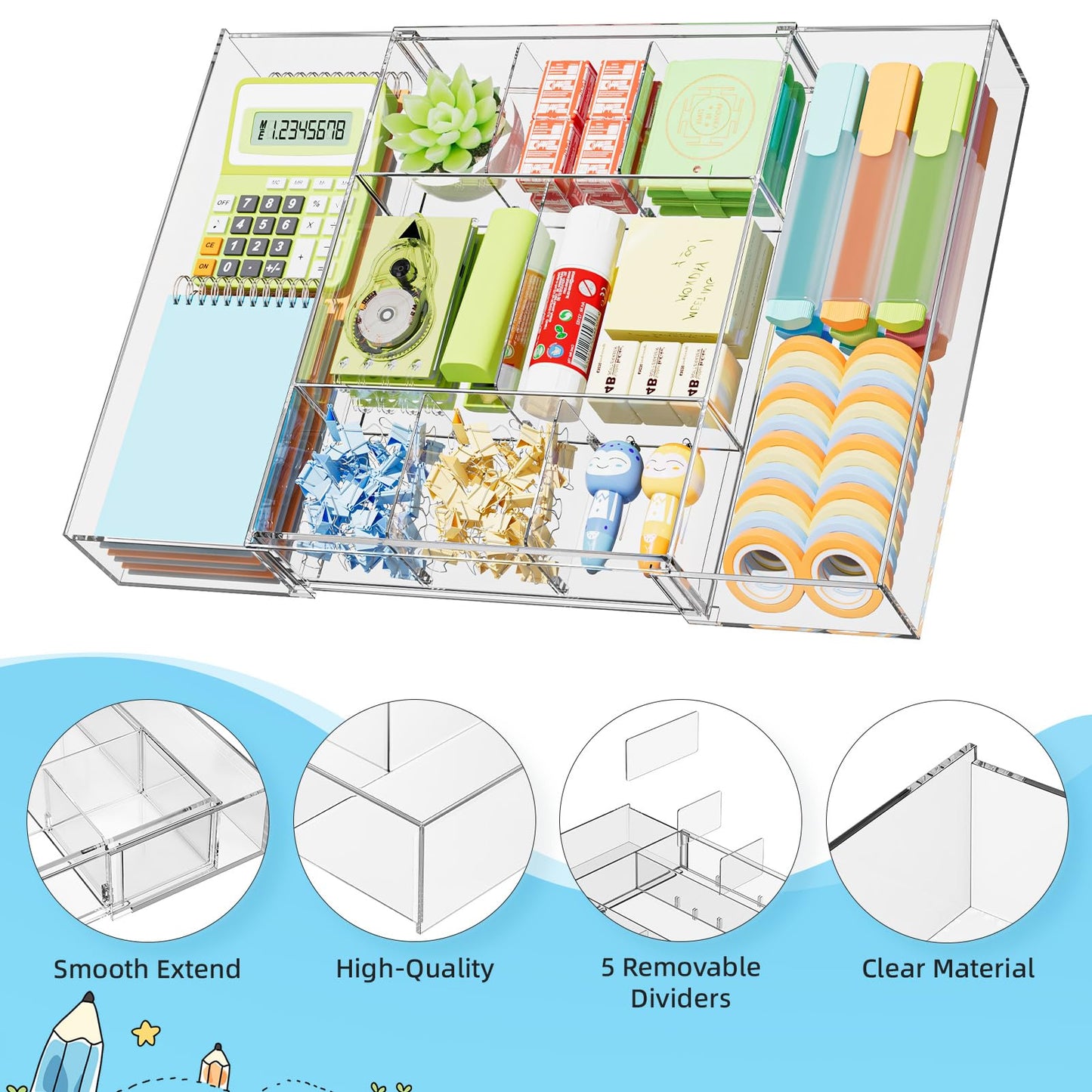 Marbrasse Expandable Desk Drawer Organizer, Clear Plastic Drawer Organizer Tray with 10 Adjustable Compartments, Desk Organizers and Accessories, 5 Drawer Dividers for Office Supplies, Makeup(Clear)