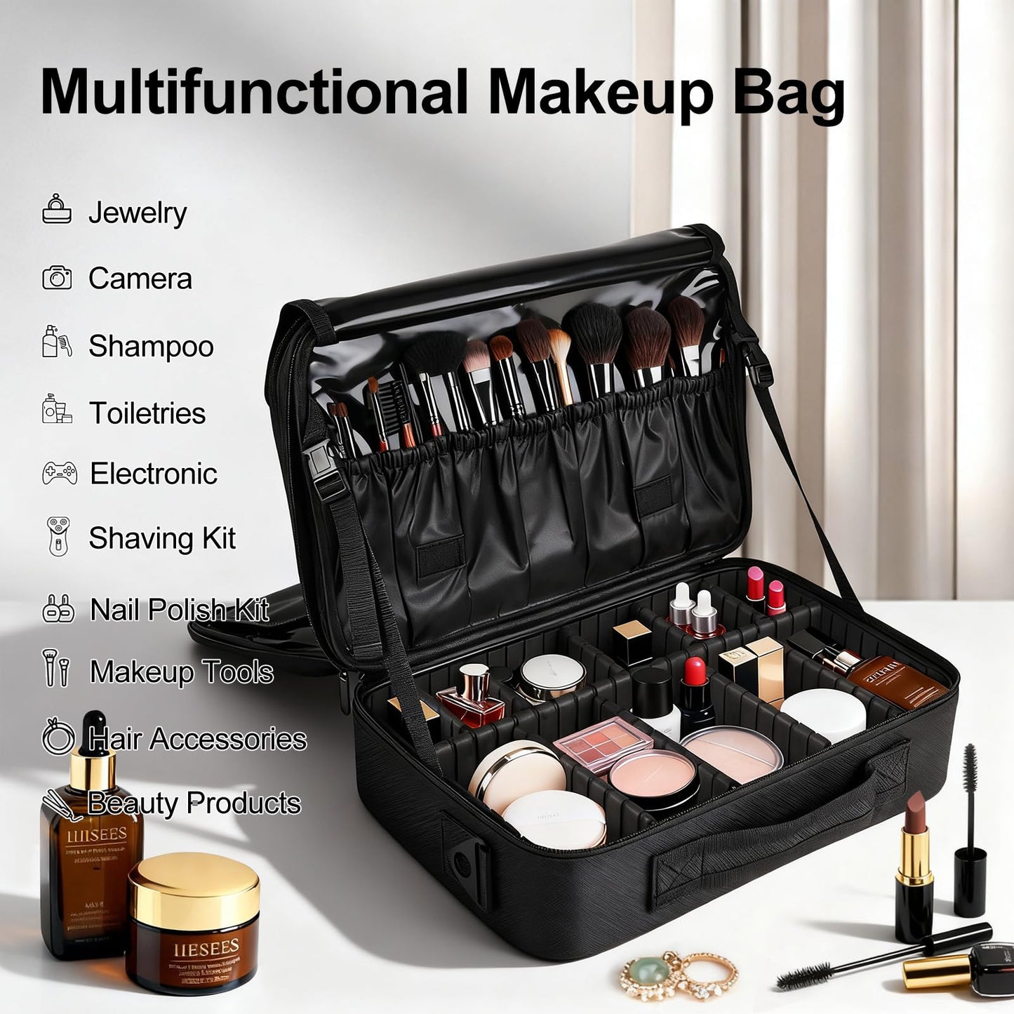 Greenfeather Travel Makeup Bag, Professional Cosmetic Train Case Organizer, Portable Travel Cosmetic Brush Bag Holder Makeup Artist Storage Box with Adjustable Dividers and Shoulder Strap, Black