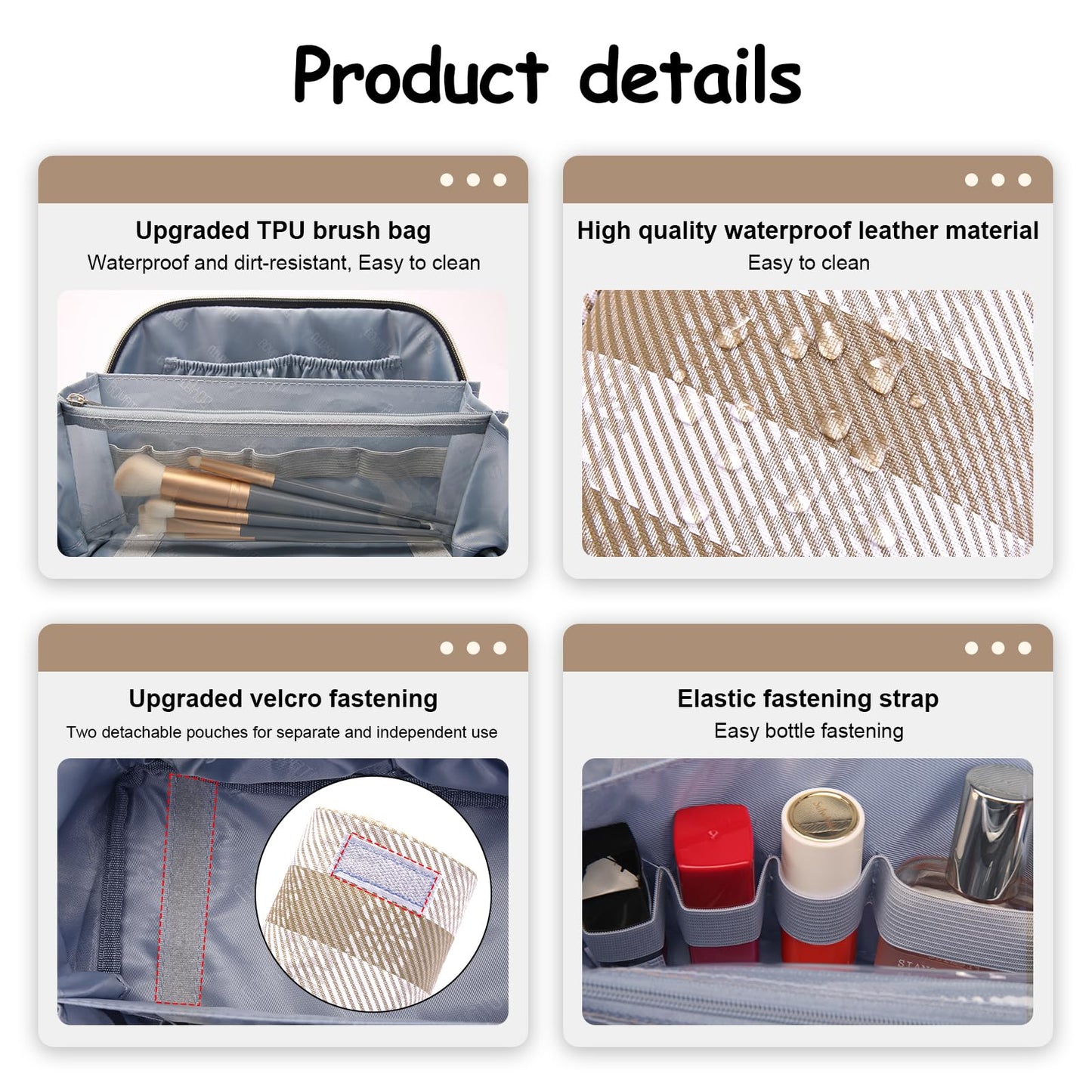 BOYATU Travel Makeup Bag Organizer Cosmetic Bag: 3 Pcs Set Make up Bags for Women with Handle - Waterproof Vegan Leather Toiletry Bags Travel Essentials Pouch with Compartments (F-04-Brown)