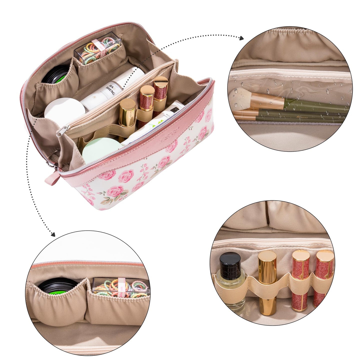 Mrsdry Travel Makeup Bag，Large-capacity waterproof cosmetic bag，Travel bags and toiletries bags for women，PU leather material，Multi-zone and large opening design (Rose Gold flower)
