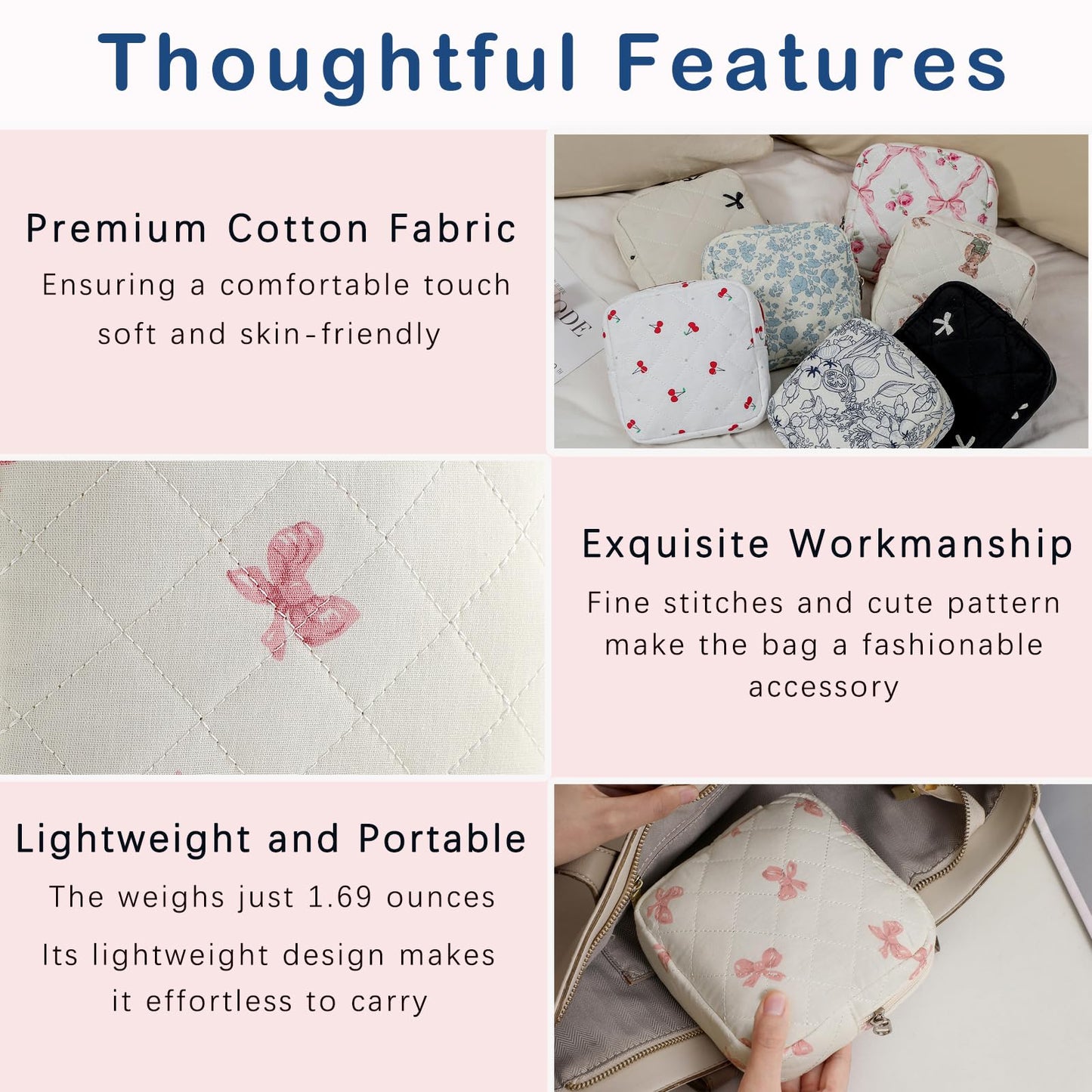 Small Quilted Cotton Makeup Bag for Purse, Cosmetic Bag with Compartments, Cotton Aesthetic Makeup Bag, Travel Toiletry Pouch, Lipstick Bag Card Holder Data Cable Organizer (08White Pink Bow)