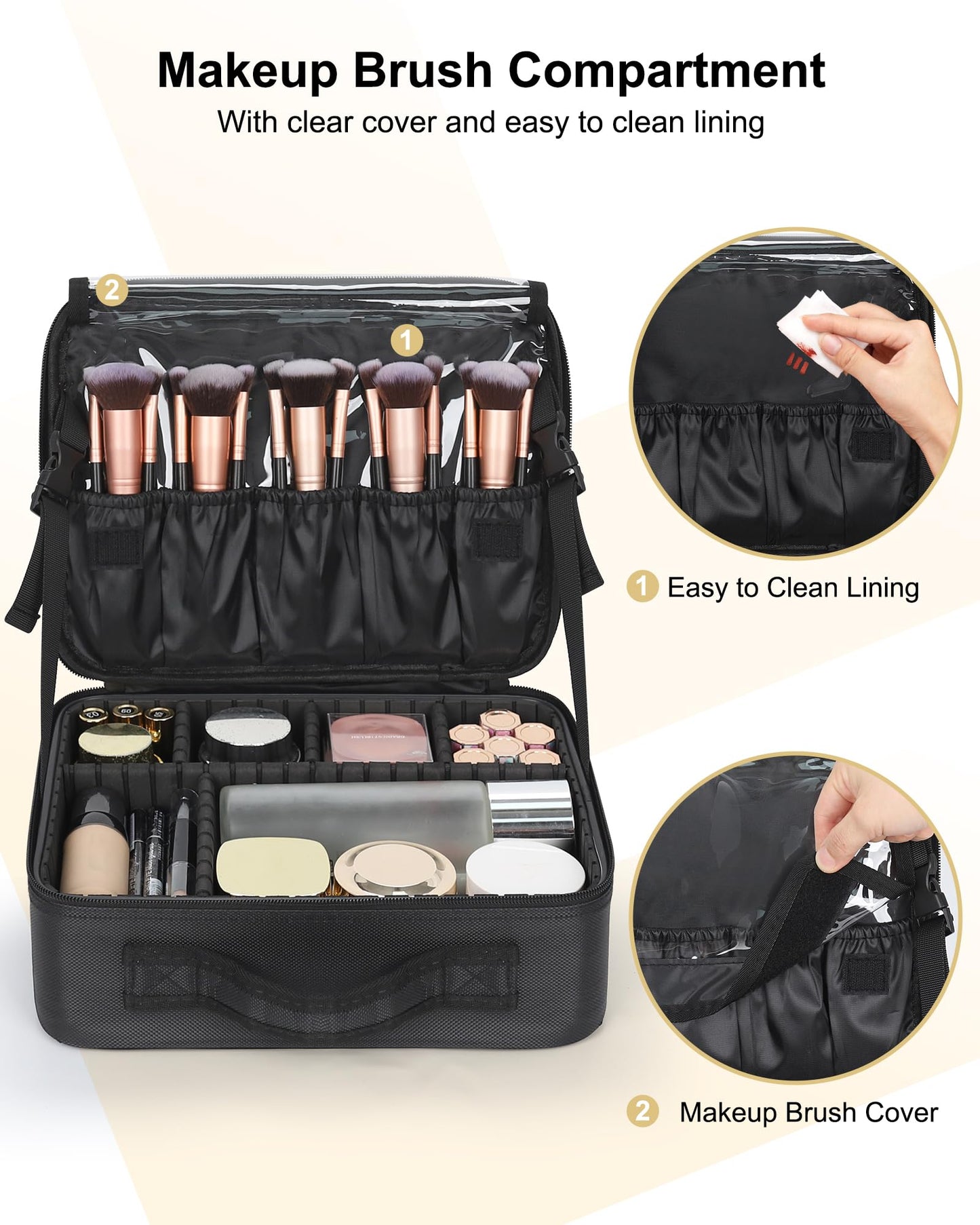Relavel Makeup Bag Large Cosmetic Bag Travel Train Case Toiletry Bag for Women with Adjustable Dividers, Travel Essentials Organizer Case Storage Box for Skincare, Brushes, Black