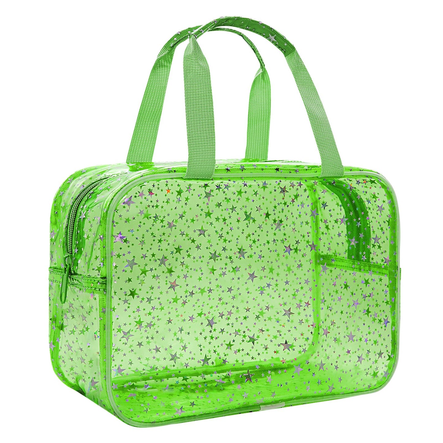 Junesters Large Clear Makeup Bag 12x5x8 Green Star Pattern - Waterproof PVC Travel Cosmetic Organizer with Handle, Durable Transparent Toiletry Case for Women Girls Travel Gym Beach Storage