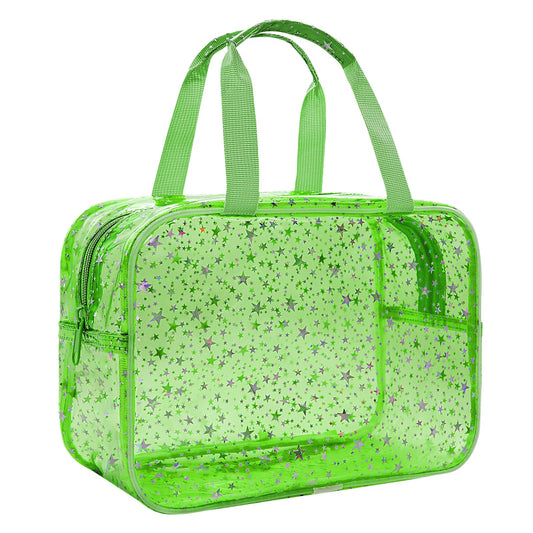 Junesters Large Clear Makeup Bag 12x5x8 Green Star Pattern - Waterproof PVC Travel Cosmetic Organizer with Handle, Durable Transparent Toiletry Case for Women Girls Travel Gym Beach Storage