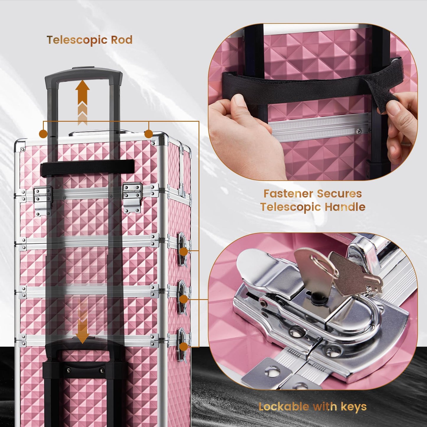 Stagiant Rolling Makeup Train Case Cosmetology Case on Wheels 4 in 1 Large Cosmetic Organizer Box Makeup Travel Case with Key Swivel Wheels Nail Artist Salon Storage Traveling Cart Big Trunk Pink