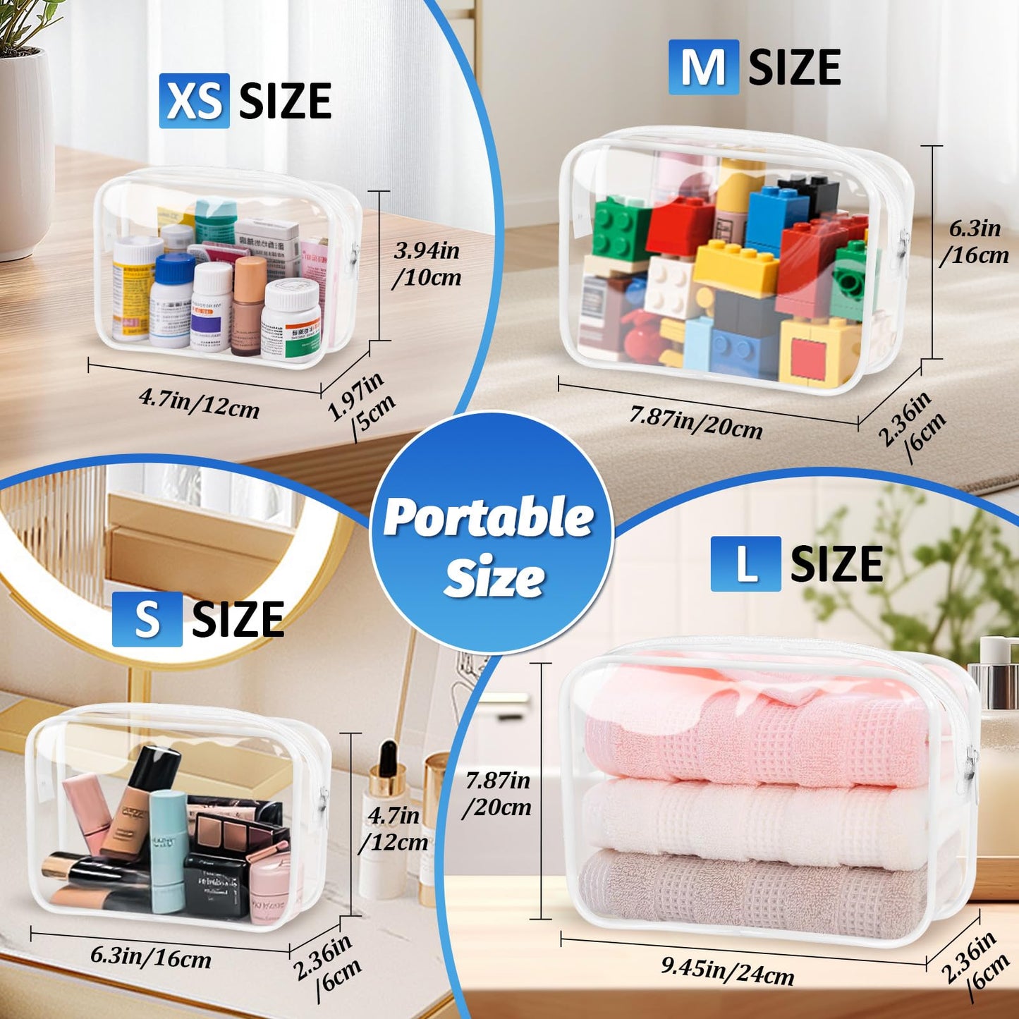 CHICAUP Clear Makeup Bags Plastic Cosmetic Bag TAS Toiletry Bag for Travelling PVC Clear Pouch Organizer Bag for Women (4, white, Multisize)
