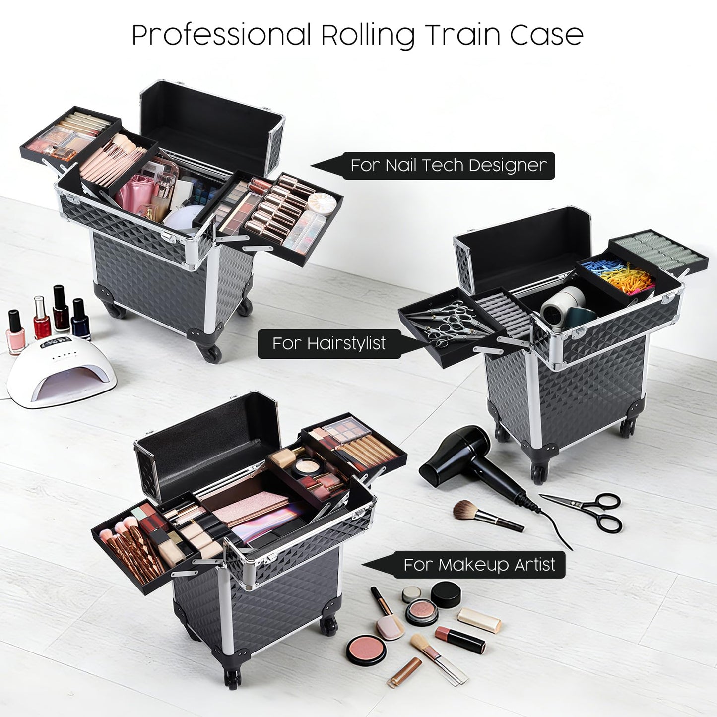 Mecucasi Rolling Makeup Train Case Large Cosmetic Trolley Organized Aluminum Barber Case for Hairstylist Makeup Nail Tech Salon with Keys Swivel Wheels Traveling Cart Trunk - Black