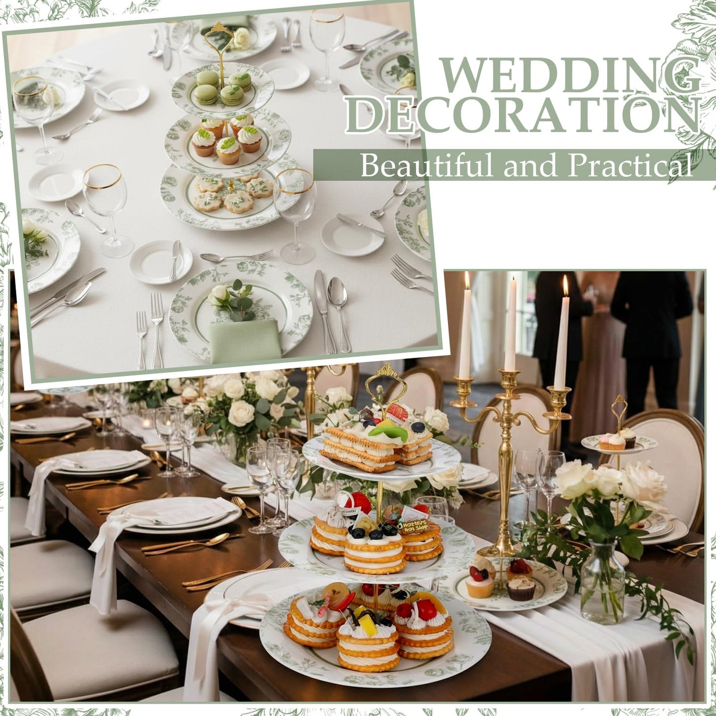 Lallisa Sage Green Floral 3 Tier Dessert Stand 10", 9" and 7" Ceramic Vintage Chinoiserie Tea Party Tiered Tray Cupcake Stand Display Holder Tower for Wedding Baby Shower Bridal Shower Tea Party