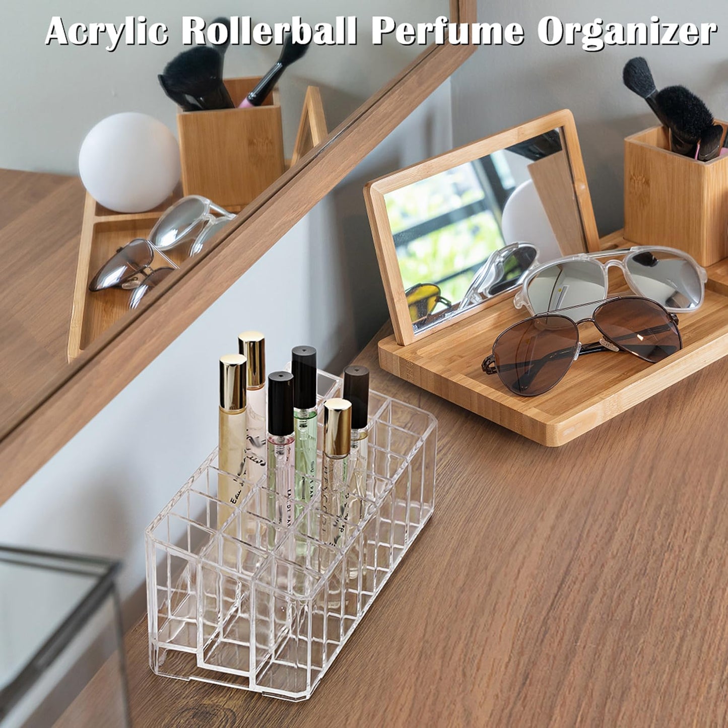 ELLDOO Rollerball Perfume Organizer, 24 Spaces Clear Acrylic Perfume Storage Holder Beauty Scent Holder, Makeup Lipgloss Lipstick Display Case