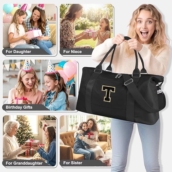 Dance Gym Duffel Bag for Teen Girls, Personalized Initial Travel Weekender Bag,Cute Overnight Carry On Duffle for Women,Sports Travel Cheer Bag,Monogram Christmas Gifts for Tween Preppy(black-T)
