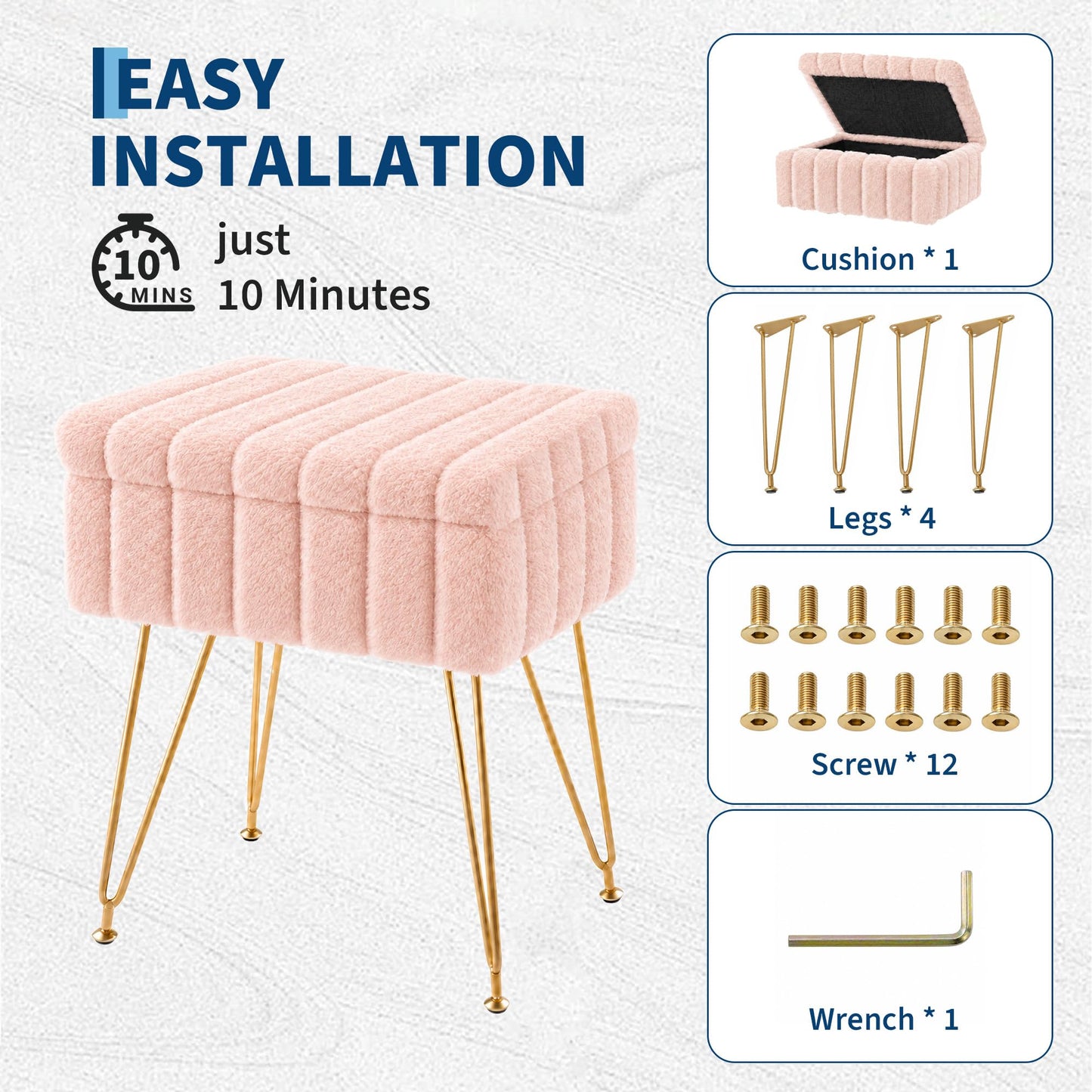Garvee Vanity Stool with Storage, Faux Fur Ottoman with Metal Legs and Anti-Slip Feet, 15.7 x 11.8 x 18.7 Inches Soft Furry Padded Seat Foot Rest for Makeup Bedroom Living Room