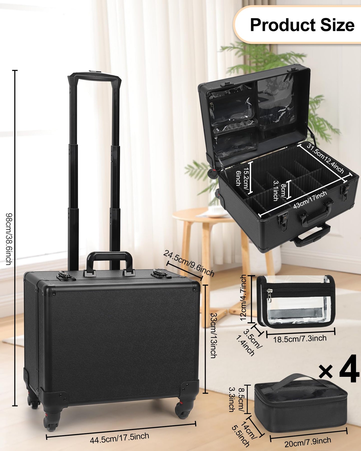 Relavel Rolling Makeup Case Cosmetology Case on Wheels Professional Extra Large Travel Train Case for Makeup Artists, Trolley Suitcase for Cosmetic Nair Art Salon Storage Organizer with 6 Clear Bags