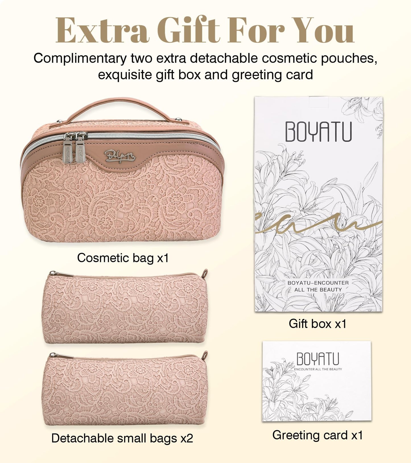 BOYATU Travel Makeup Bags Cosmetic Organizer Bag: 3-Set Large Capacity Make up Bag - PU Leather Toiletry Bags for Women - Wide Open Portable Pouch with Divider & Handle (A-Light Pink)