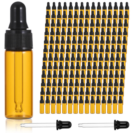 100 PCS Mini Glass Dropping Bottles Bulk Essential Oil Dropper Bottles Amber Empty Sample Vials with Black Cap Tiny Storage Jars with Dropper for Perfumes Cosmetic Liquid Aromatherapy Lab (5 ml)