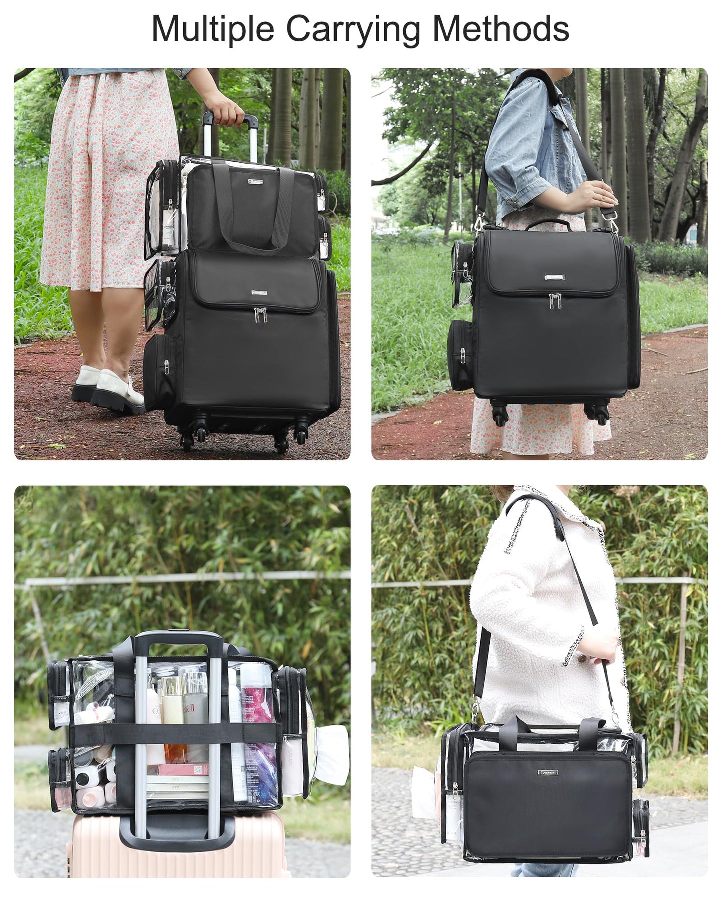 Relavel Rolling Makeup Train Case with Large Clear Makeup Bag, Hairstylist Traveling Bag with 4 Wheels, Cosmetic Storage Organizer Hair Stylist Travelling Bag with Adjustable Dividers & Shoulder Strap