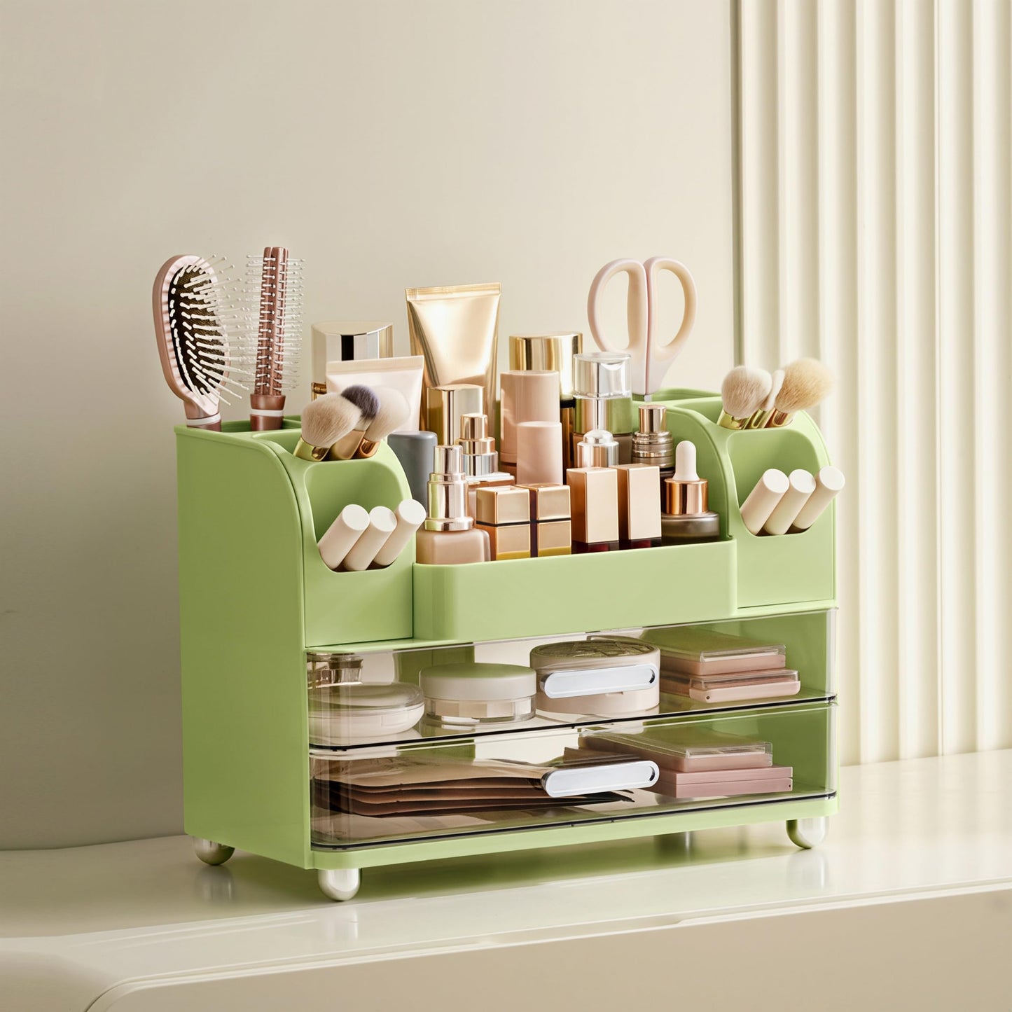 HBlife Makeup Organizer for Vanity with Brush Holder, Large Bathroom Countertop Cosmetic Organizer Skincare Storage, Easy to Store Lipsticks, Nail Polishes, Perfumes, Eyeshadow Palettes, Avocado Green