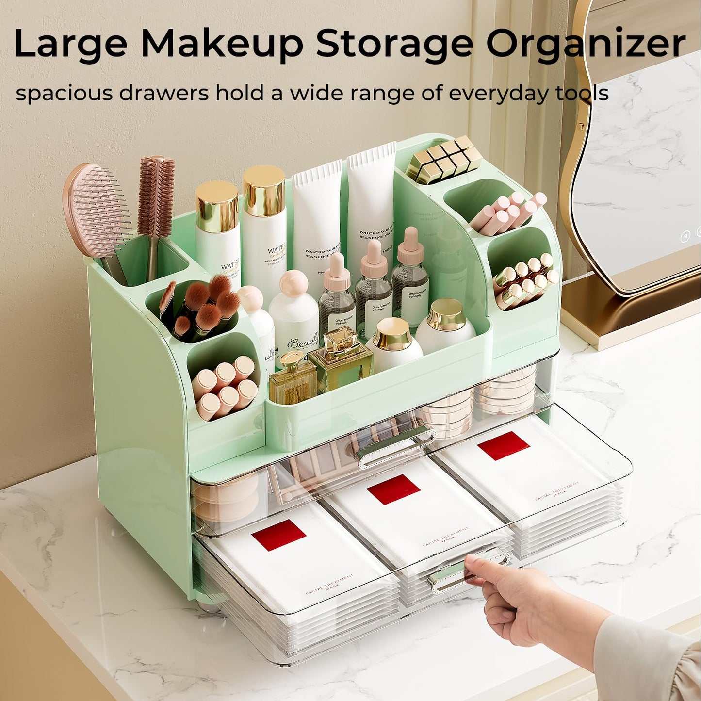 UFORU Makeup Organizer for Vanity with 2 Large Drawers, Cosmetic Display Case with Brush Holders, Easy to Storage for Bathroom Countertop Skincare, Perfume, Green