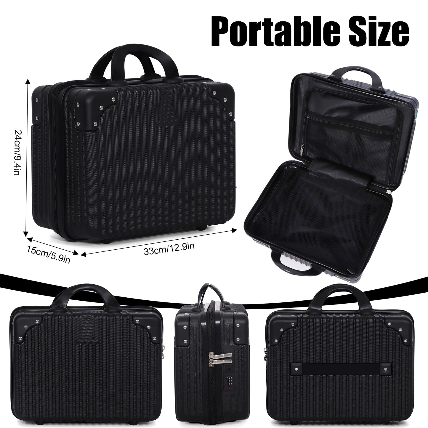 Feybaul Vanity Case, 14 Inch Hard Shell Makeup Travel Suitcase with Elastic Strap for Luggage Handle, Small Cosmetic Train Case & Toiletry Organizer Box for Women Girls (Black)