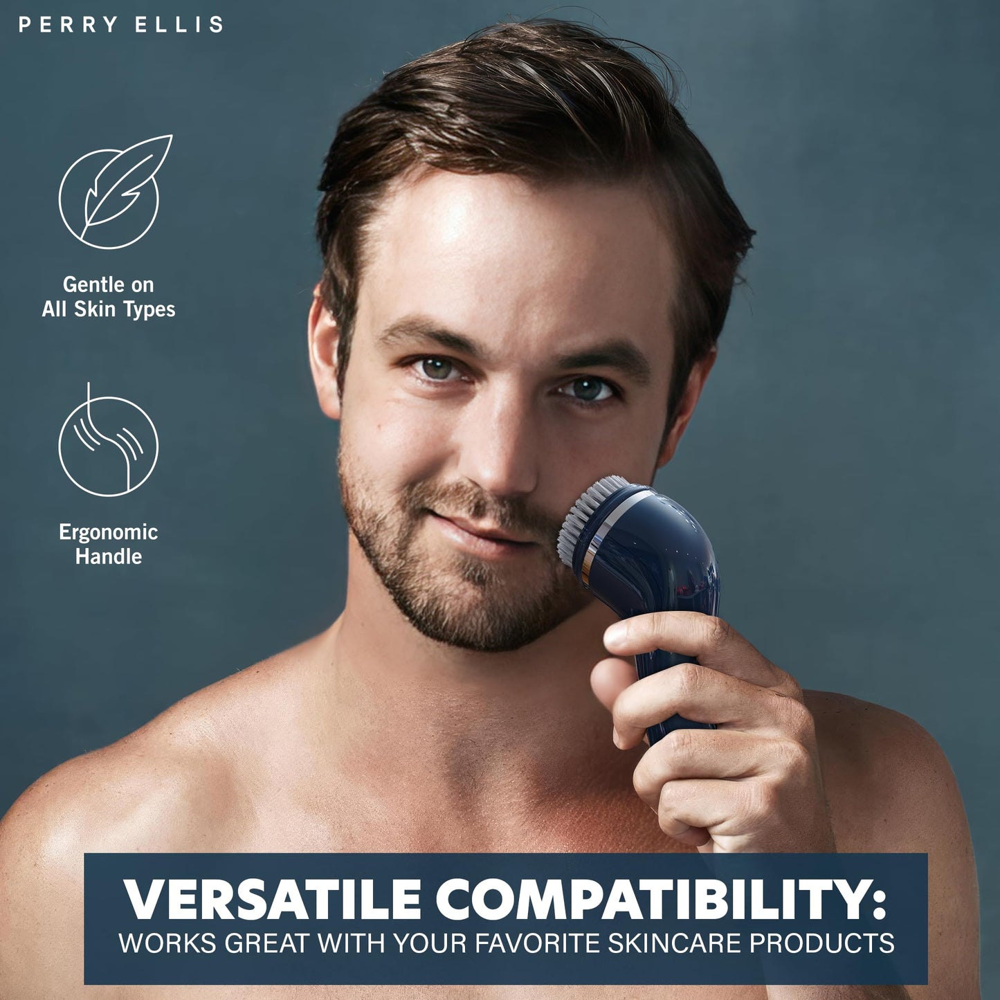 Perry Ellis 4-in-1 Cordless Massage and Cleansing Set with 4 Brush Heads, Exfoliating Face Scrubber with Massager, Rotating Scrub Brush, Facial Skincare Products, Carrying Case for Travel Included