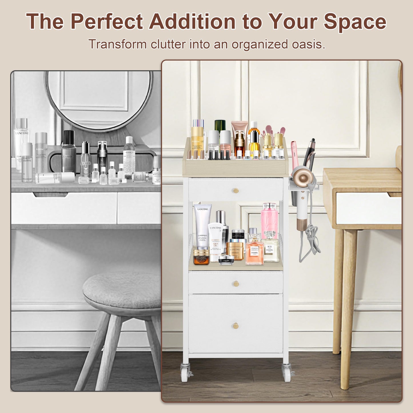 NauwaBarn Makeup Organizer Cart with 3 Drawers, Large Cosmetic Organizer with Detachable Hair Tool Holder, Makeup Cabinet Cosmetic Display Cases for Skin Care Perfume Nail Polish, White & Natural