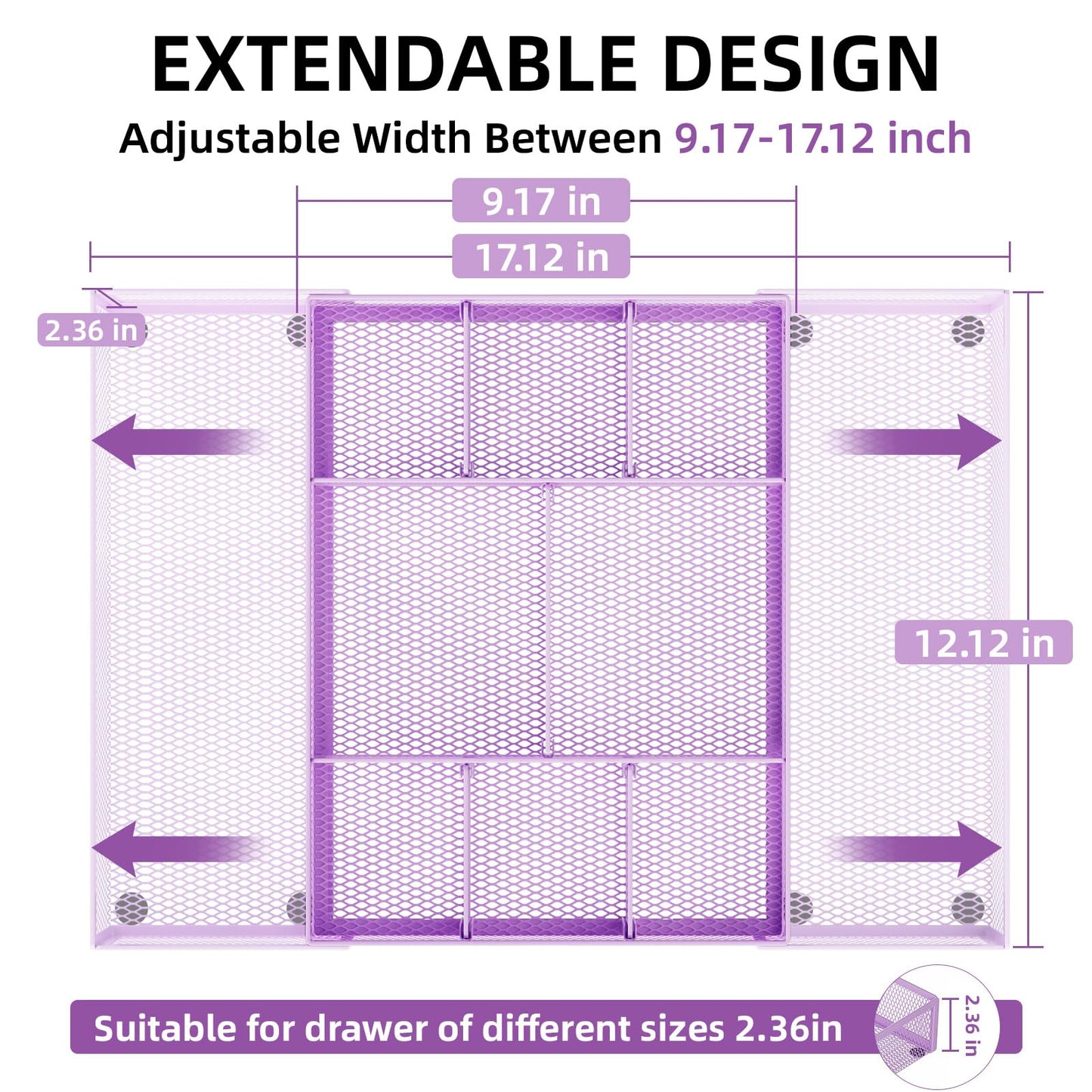 Marbrasse Expandable Desk Drawer Organizer, Mesh Drawer Organizer Tray with 10 Adjustable Compartments, Desk Organizers and Accessories for Office Supplies, Makeup & Vanity (Expandable-Purple)