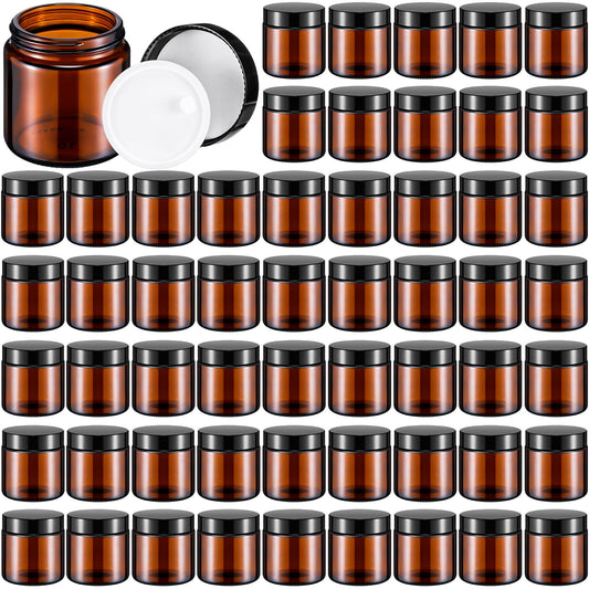Norme 64 Pcs 4 oz Glass Jars with Lids Leakproof Round Airtight Empty Cosmetic Jars with Inner Liners Lid for Storing Lotions Powder Ointments Making Tins (Black,Amber)
