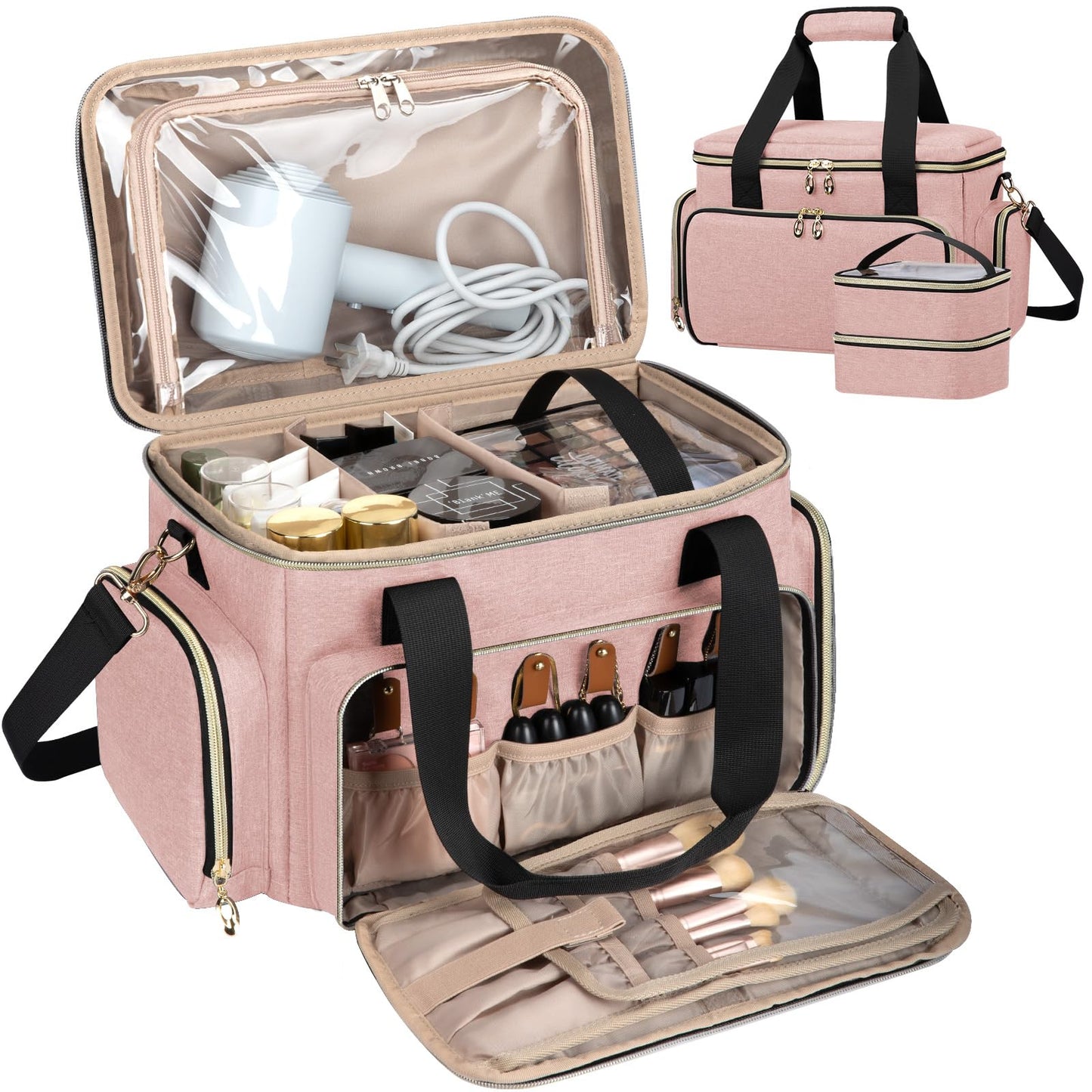 GDNasist Large Makeup Bag, Portable Travel Makeup Bag Organizer for Women Girls with 2 Removable Pouches & Detachable Dividers, Cosmetic Travel Bag, Toiletry Bag for Makeup and Hair Supplies Pink