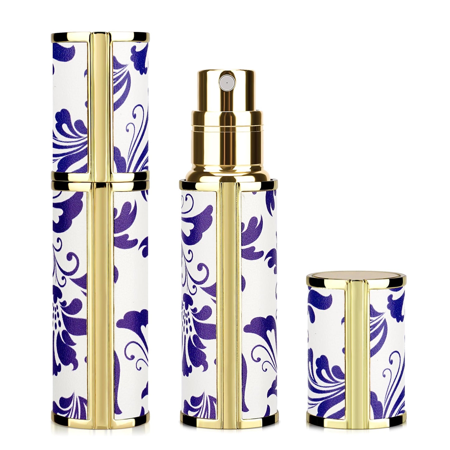 LUEXBOX Portable Perfume Bottle for Travel, Mini Refillable Perfume Dispenser, 5ml Faux Leather Leak Proof Perfume Atomizers, Blue and White Bottles Sprayer for Pocket Perfume (Blue flower)